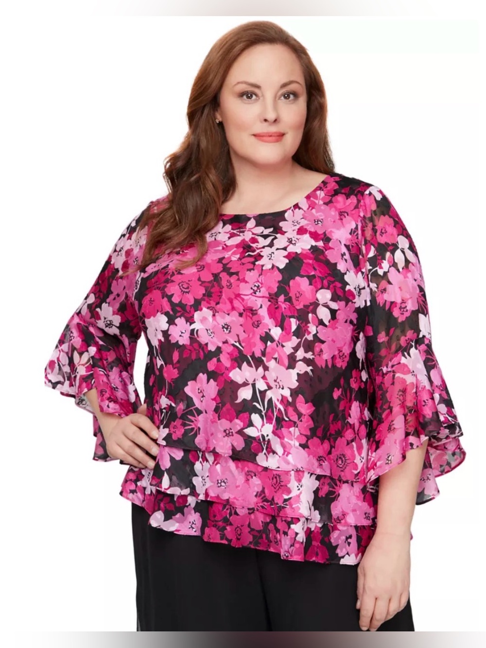 Alex Evenings 3/4 Sleeve Floral Blouse Asymmetric Triple Tier Hem. 3X. NWT.